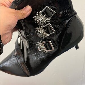 Black Patent Leather Ankle Boots with Silver Buckles